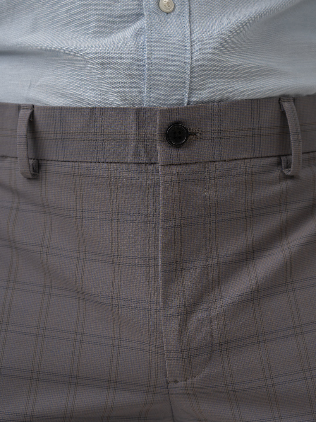 Waistband close up of falcon grey checks formal pant at Pant Project