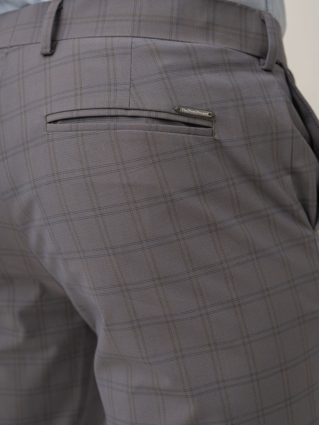 Back pocket detail of falcon grey checks formal pant at Pant Project