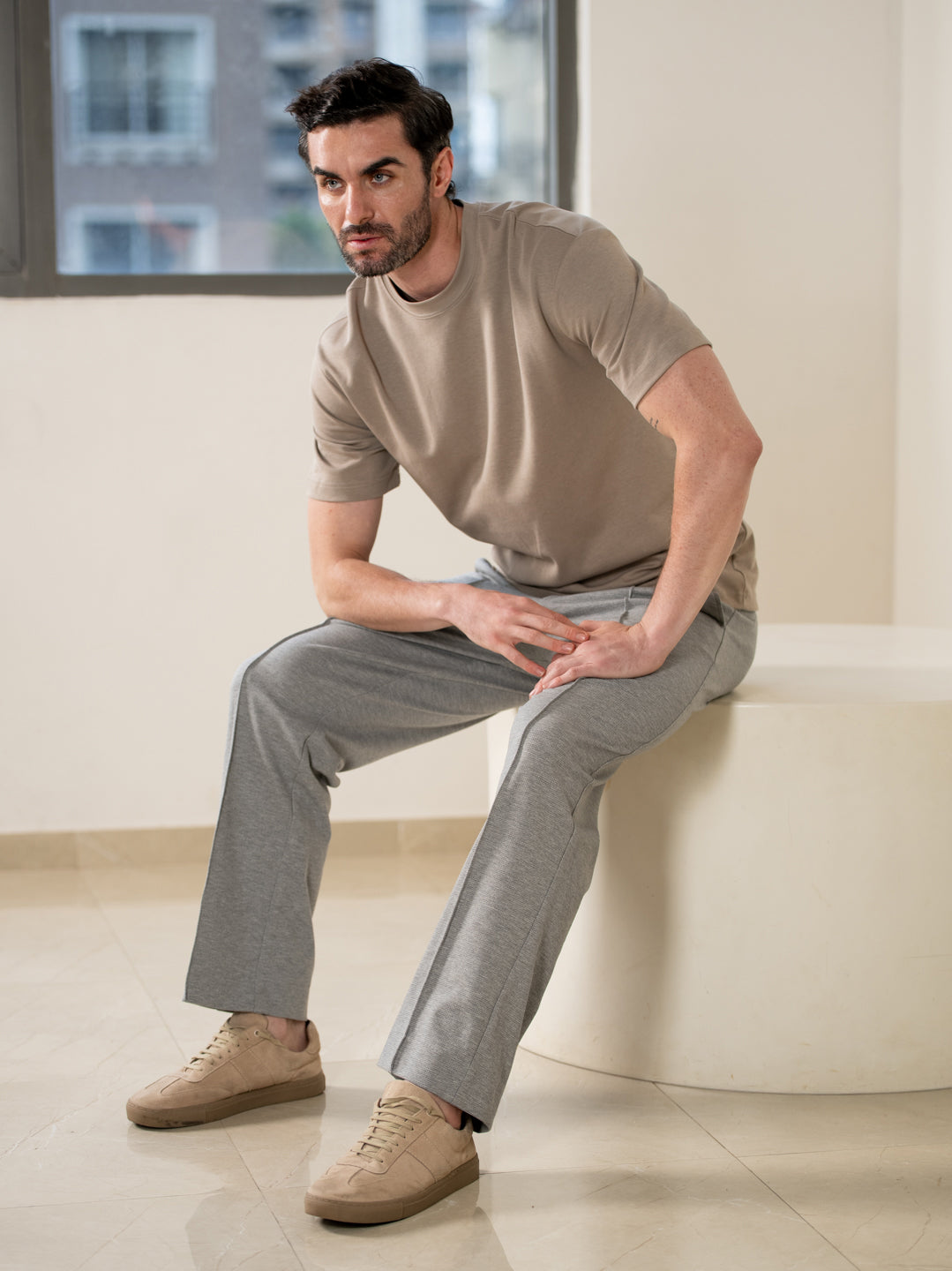 Tharn Grey Relaxed Fit Power-Stretch Korean Pintuck Pants