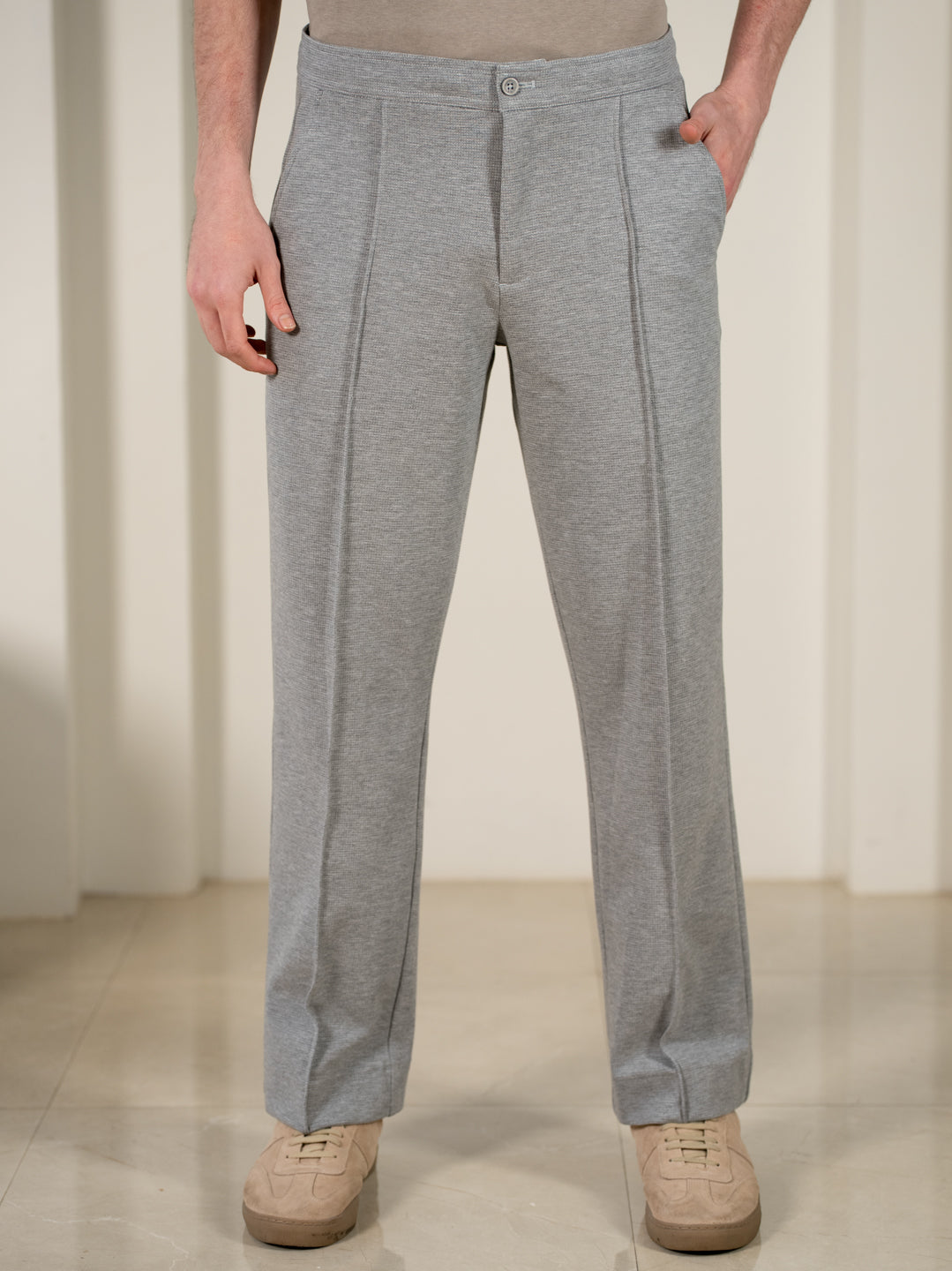 Tharn Grey Relaxed Fit Power-Stretch Korean Pintuck Pants