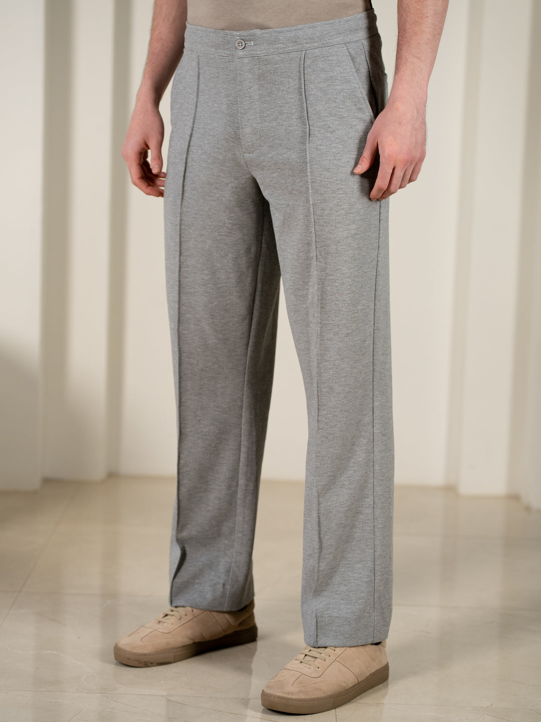 Tharn Grey Relaxed Fit Power-Stretch Korean Pintuck Pants