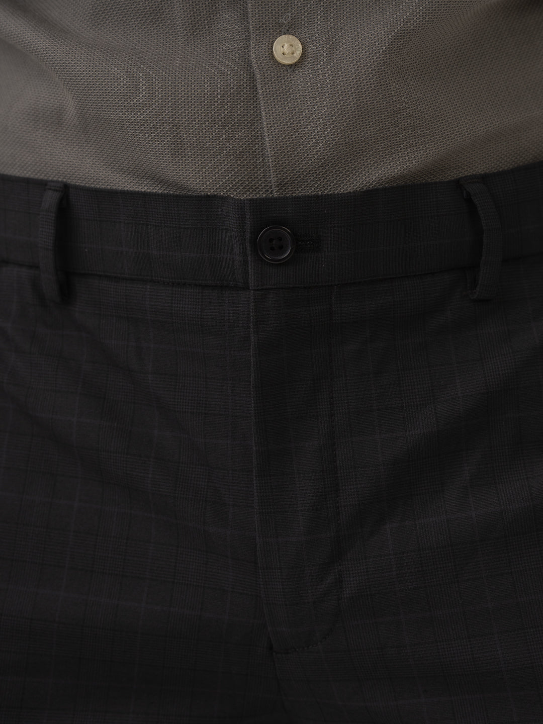 Waistband close up of submarine black checks formal pant at Pant Project