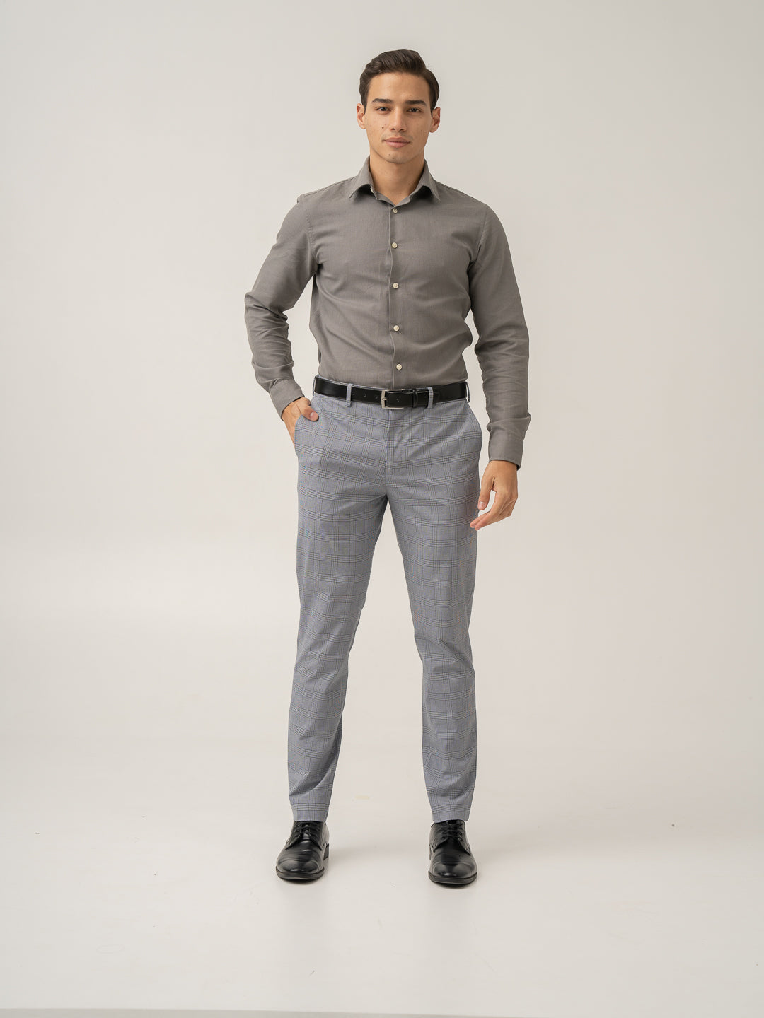 Full view of blue black houndstooth checks formal pant at Pant Project