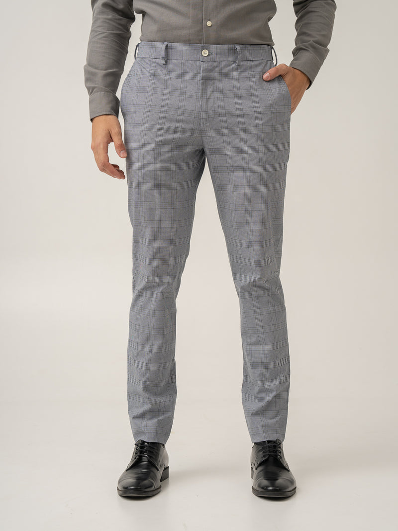 Front view of blue black houndstooth checks formal pant at Pant Project