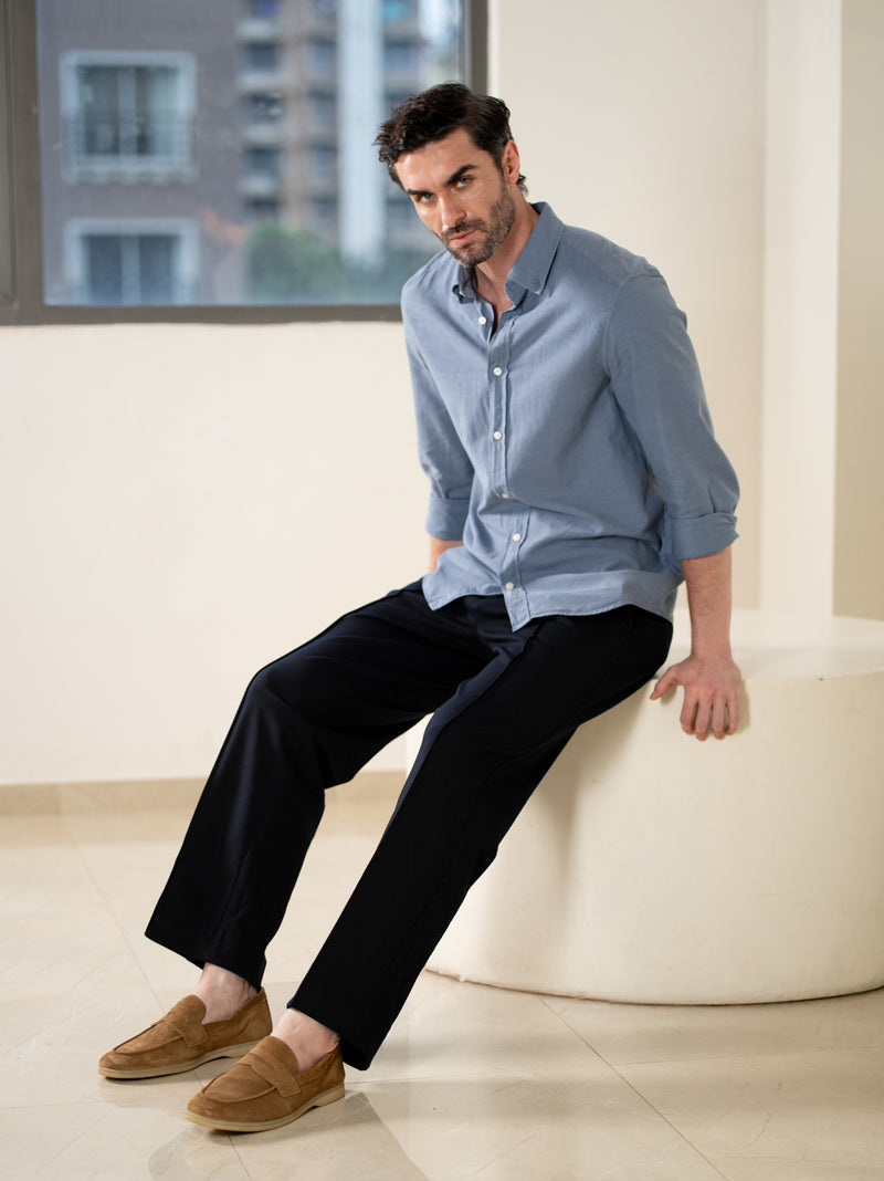 Brooke Navy Relaxed Fit Power-Stretch Korean Pintuck Pants