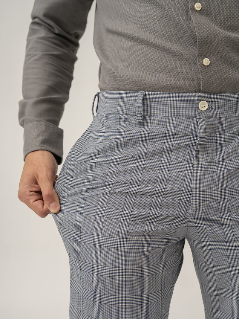 Stretch feature of blue black houndstooth checks formal pant at Pant Project