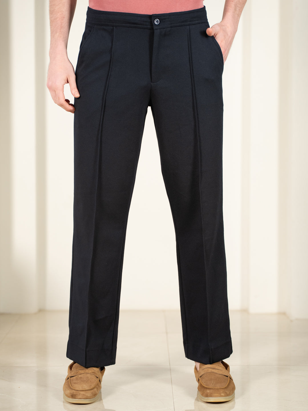Brooke Navy Relaxed Fit Power-Stretch Korean Pintuck Pants