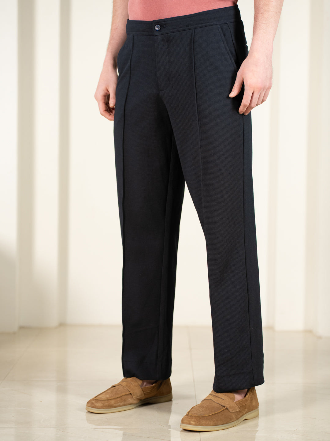 Brooke Navy Relaxed Fit Power-Stretch Korean Pintuck Pants