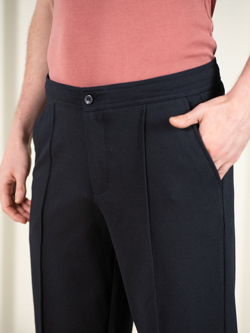 Brooke Navy Relaxed Fit Power-Stretch Korean Pintuck Pants