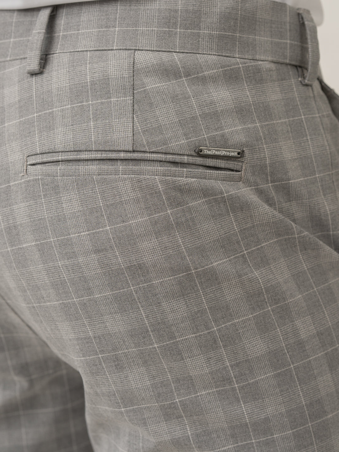 Back pocket detail of siberian grey checks formal pant at Pant Project