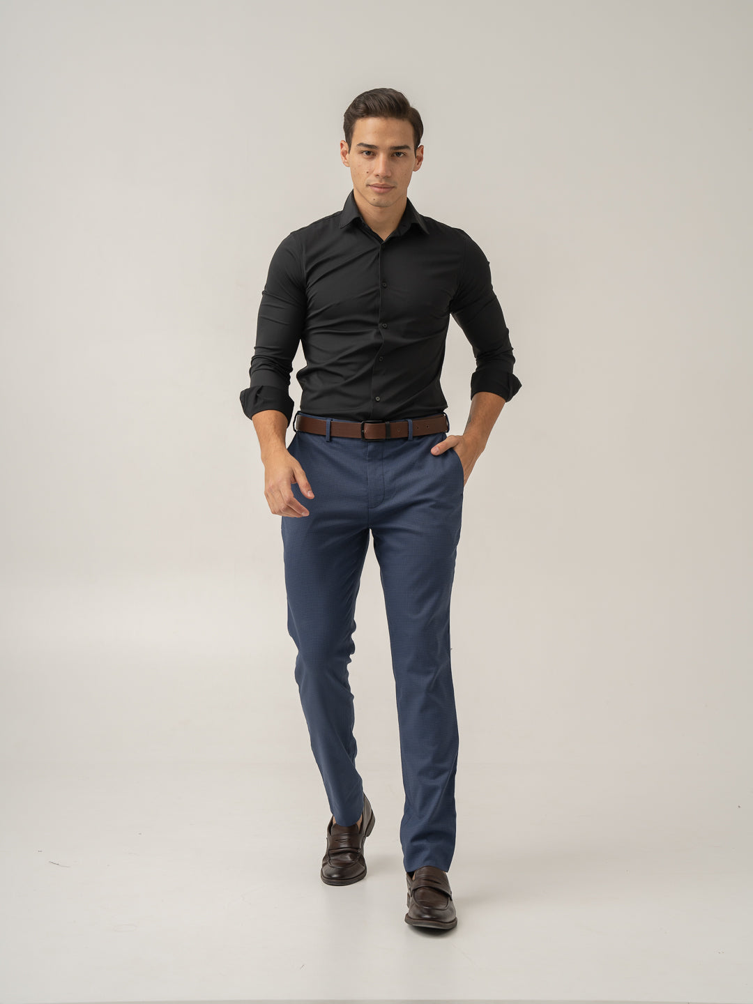 Full view of osaka navy textured formal pant at Pant Project