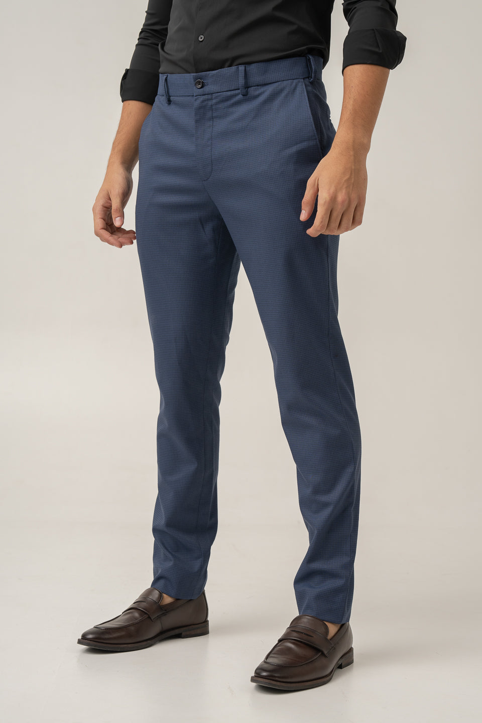 Side view of osaka navy textured formal pant at Pant Project