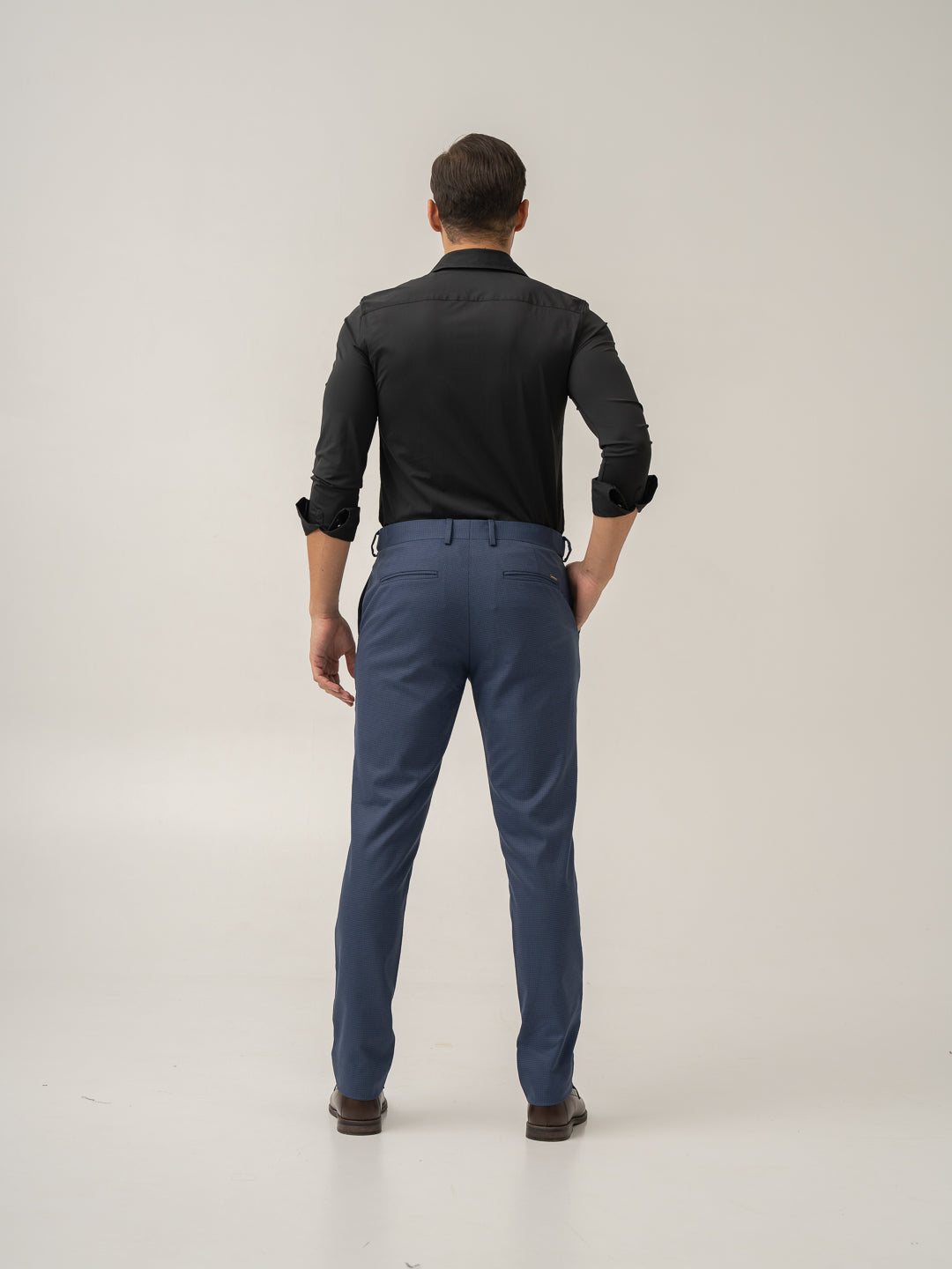 Full length back view of osaka navy textured formal pant at Pant Project