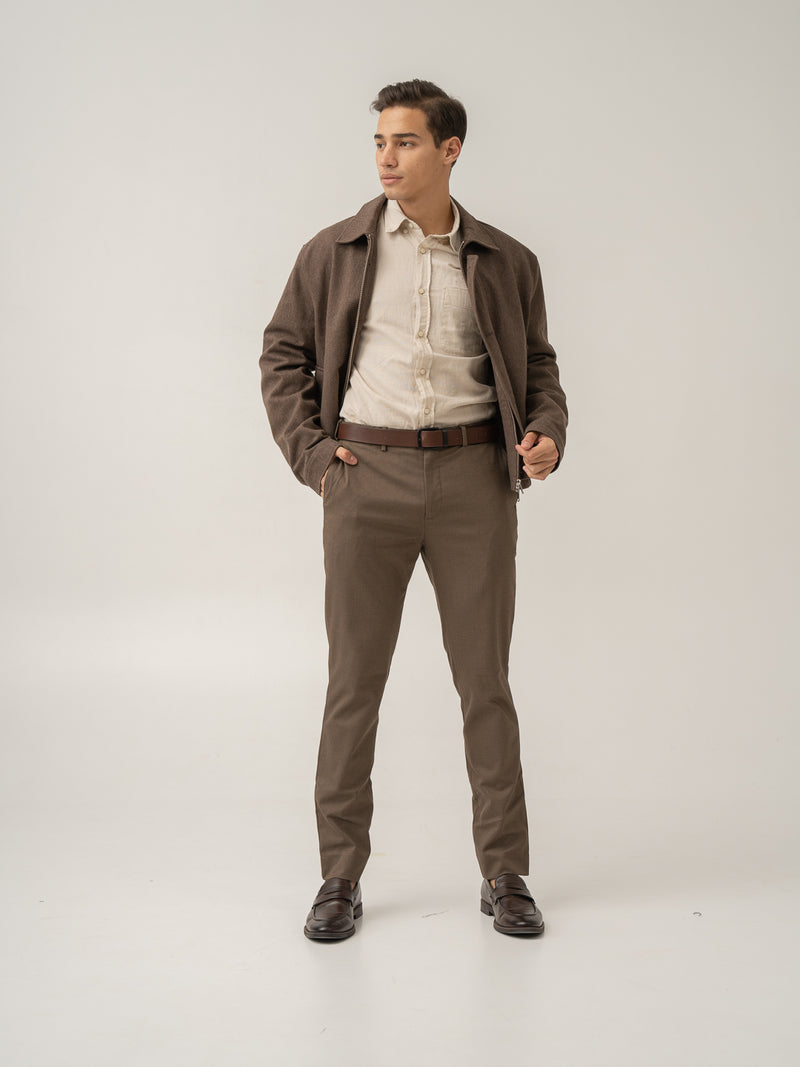 Front view of acon brown textured formal pant at Pant Project