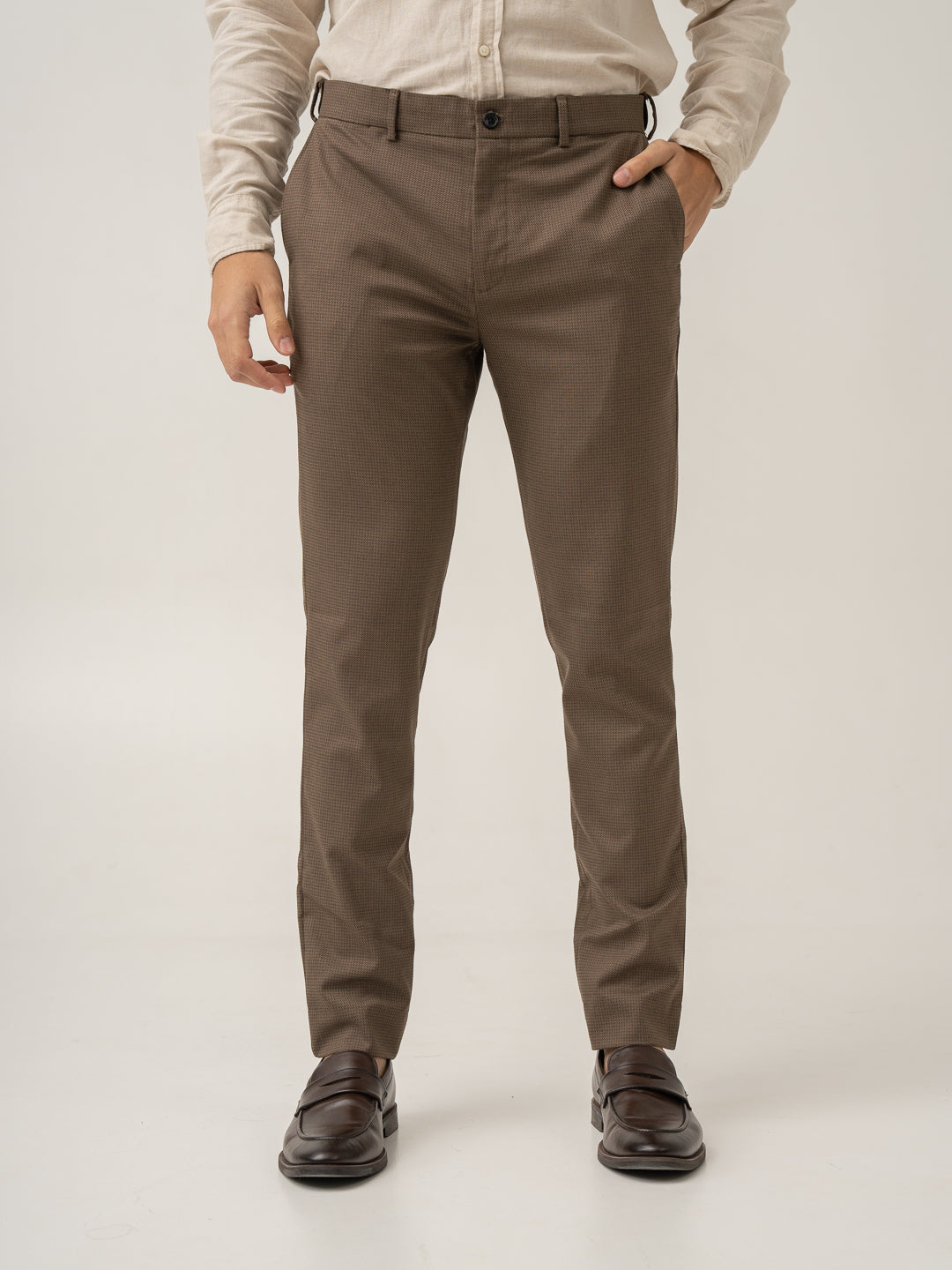 Front view of acon brown textured formal pant at Pant Project