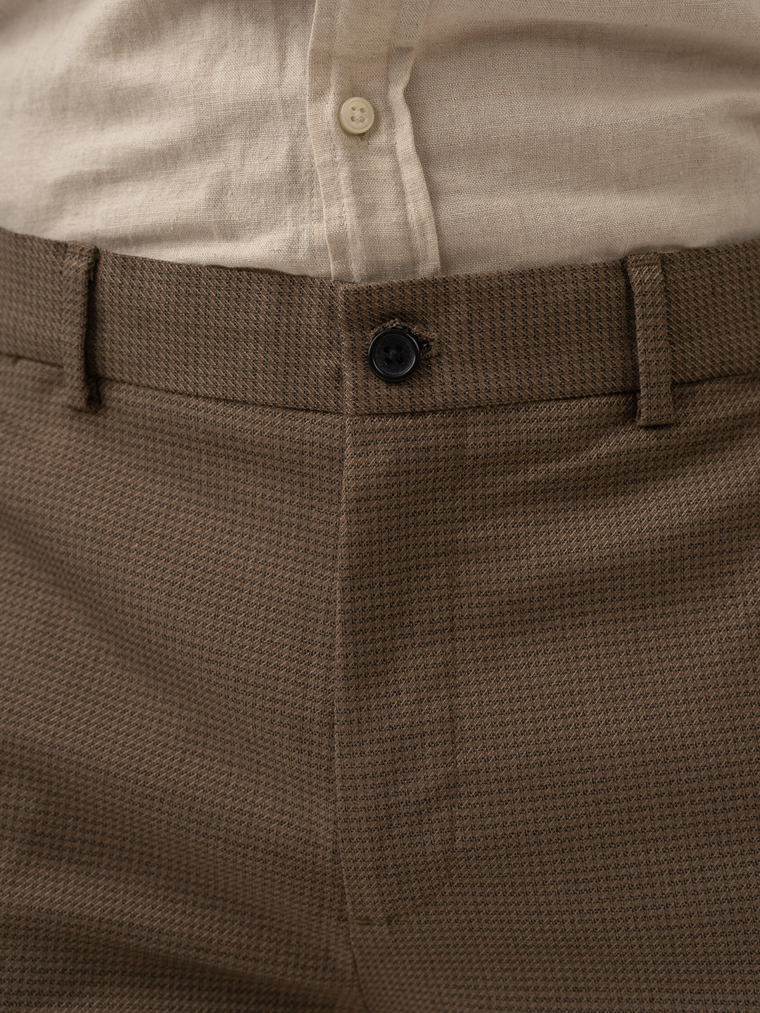 Waistband close up of acon brown textured formal pant at Pant Project