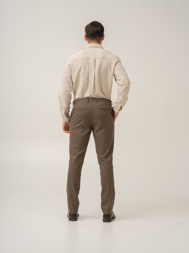 Full length back view of acon brown textured formal pant at Pant Project