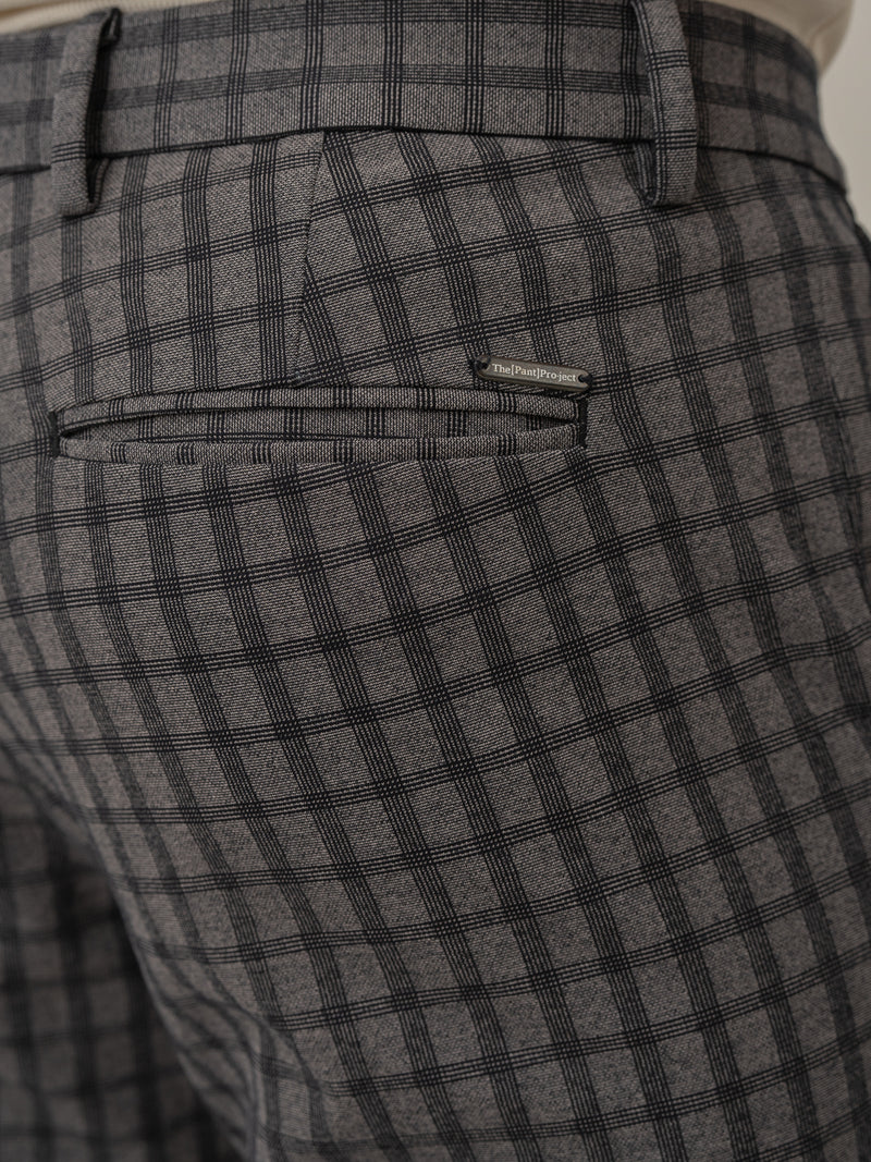 Back pocket detail of rook black window checks power-stretch pant at Pant Project