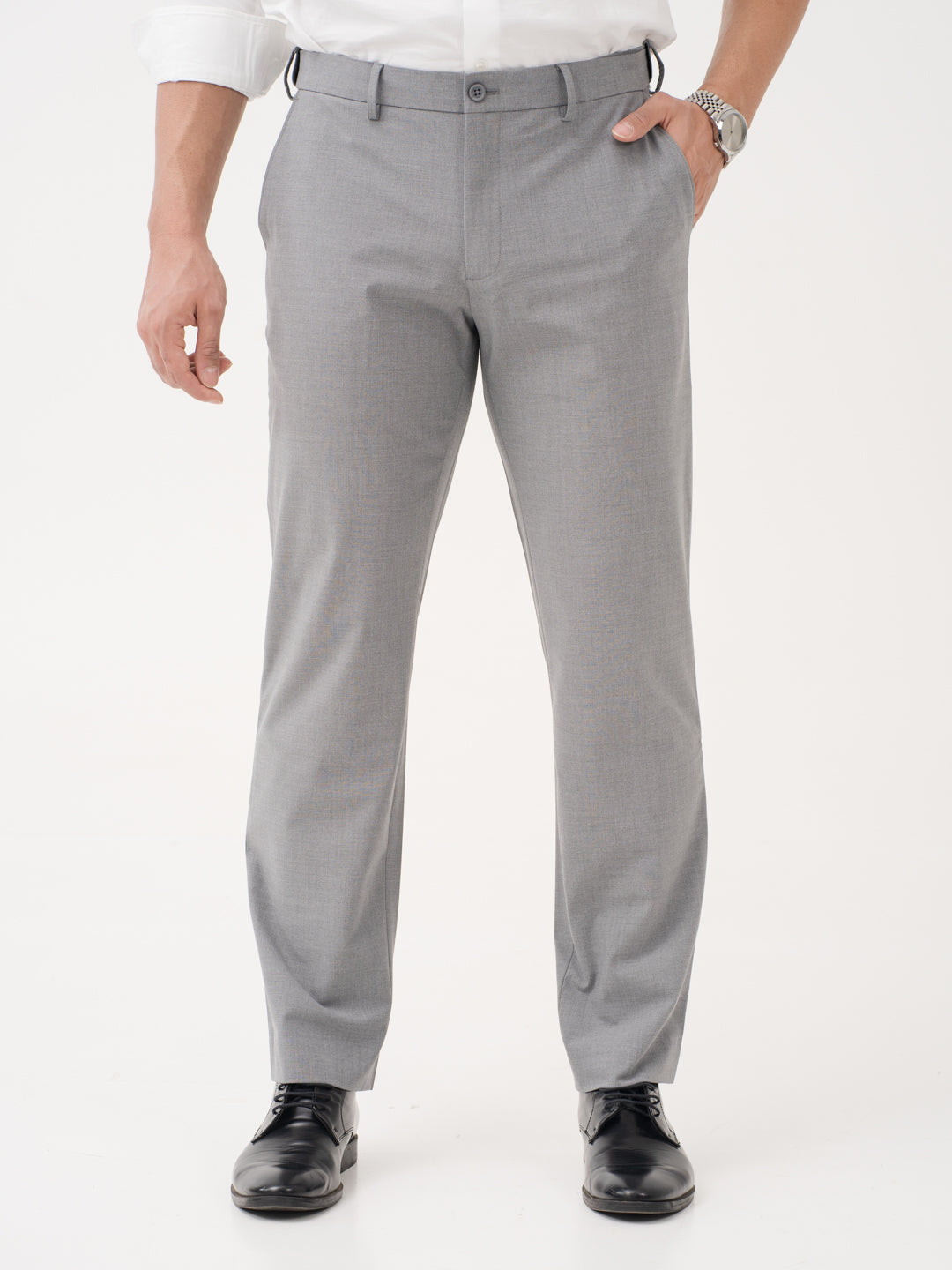 Buy Men's Effortless Grey Relaxed Fit Formal Trousers With 4 Way Stretch Buy Men's Effortless Grey Relaxed Fit Formal Trousers With 4 Way Stretch