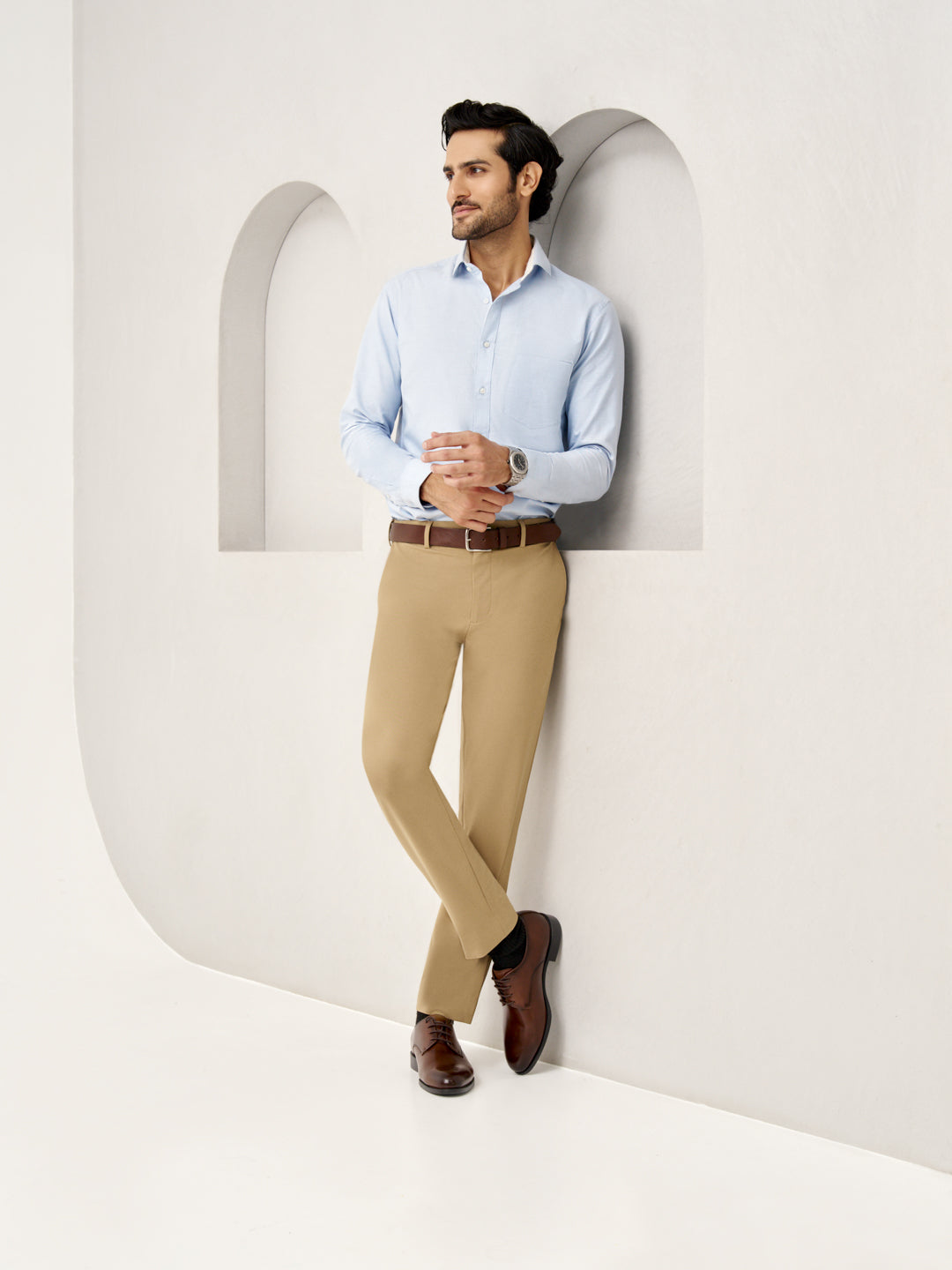 side view of Pant Project's camel stretchable trousers