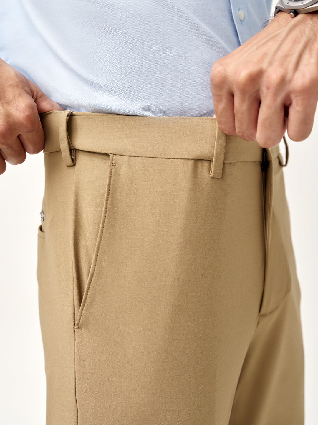 full view of Pant Project's camel stretchable trousers