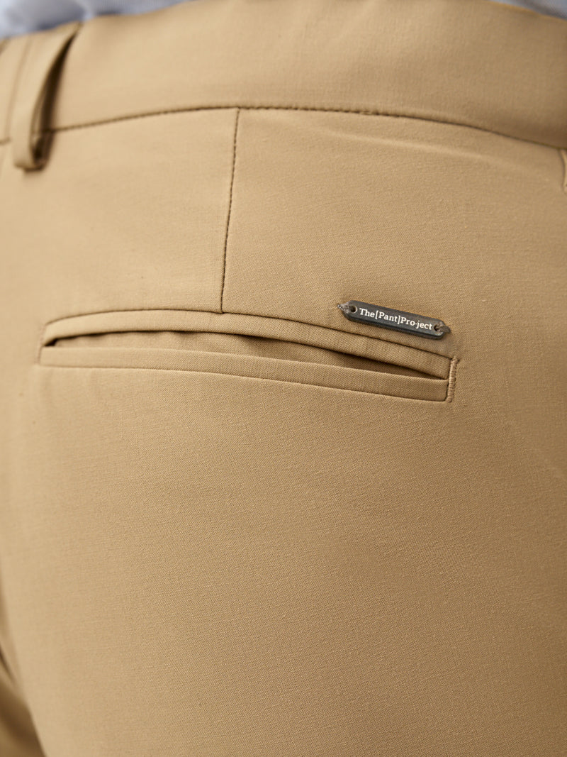 close-up of Pant Project's camel stretchable trousers waistband