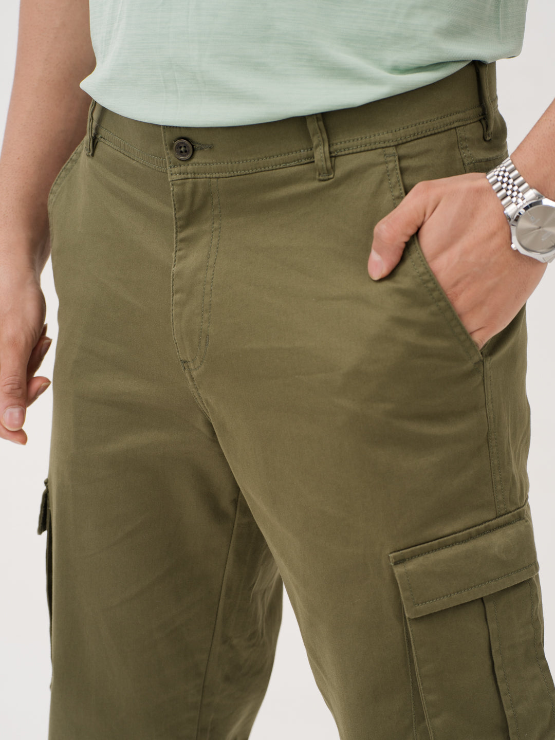 Sap Green Relaxed Fit Stretch Cargo Pants