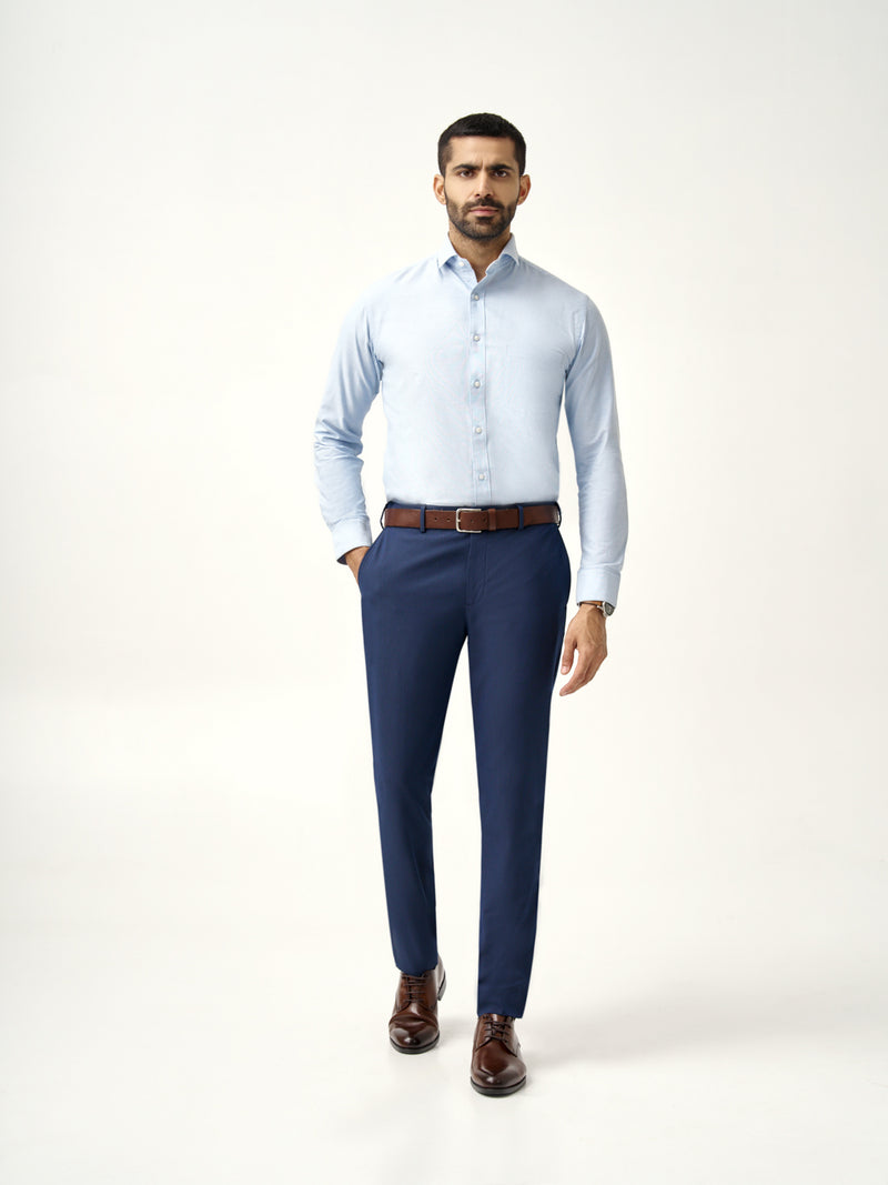 Pant Project eco navy trousers paired with blue blazer