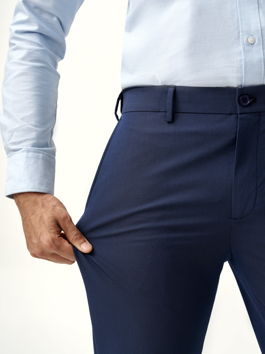 Pant Project eco navy stretchable trousers with tucked-in shirt