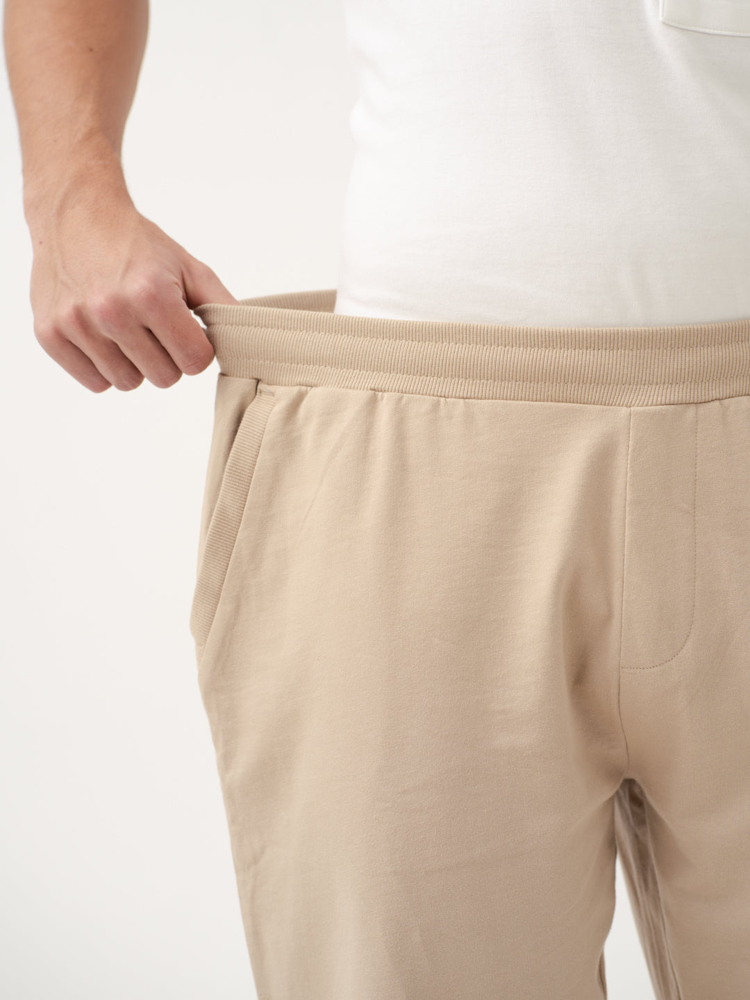 close-up front view of nomad beige sweatpant by pant project highlighting waistband