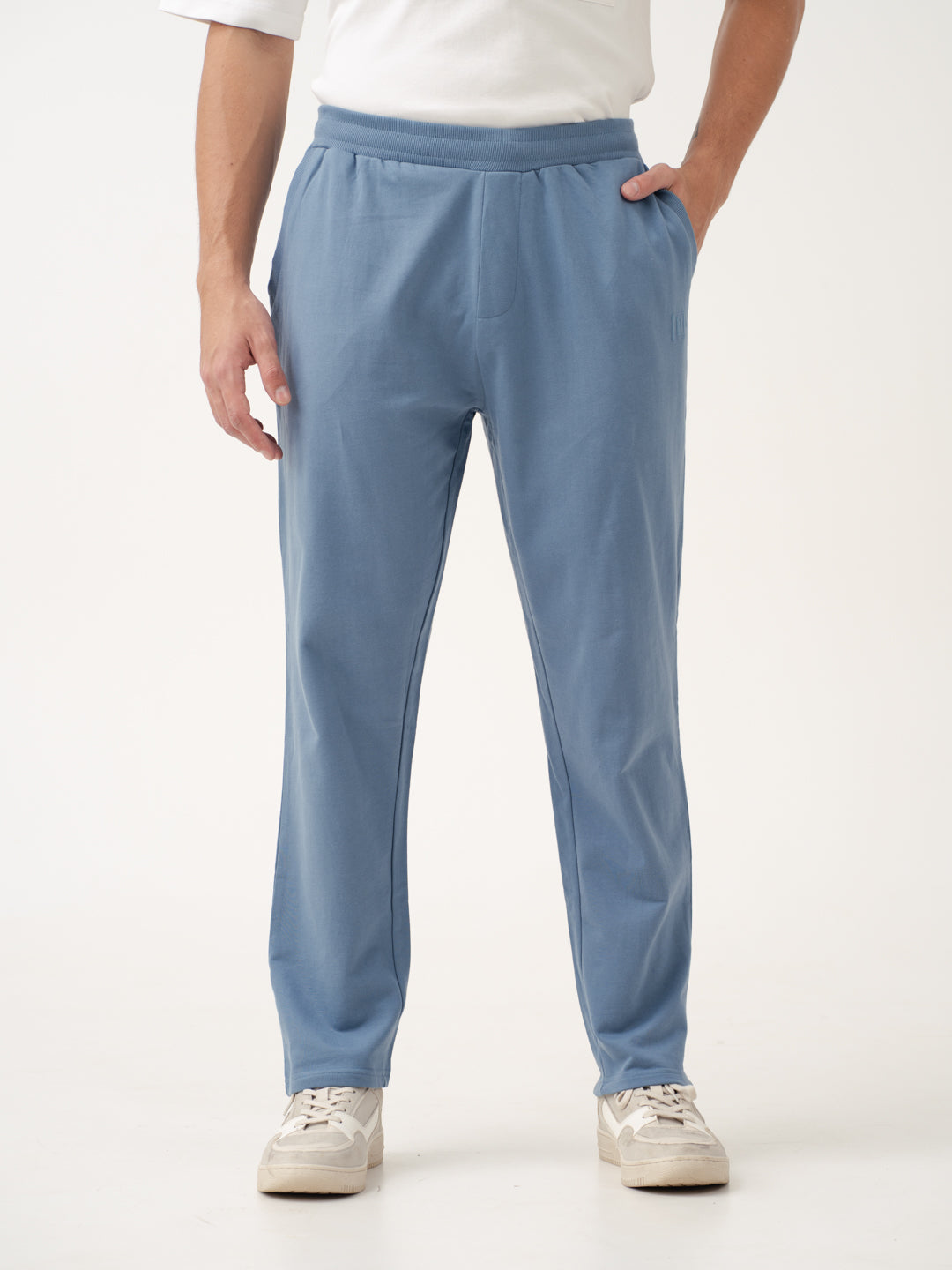 front view of pixel blue sweatpant by pant project showcasing relaxed fit