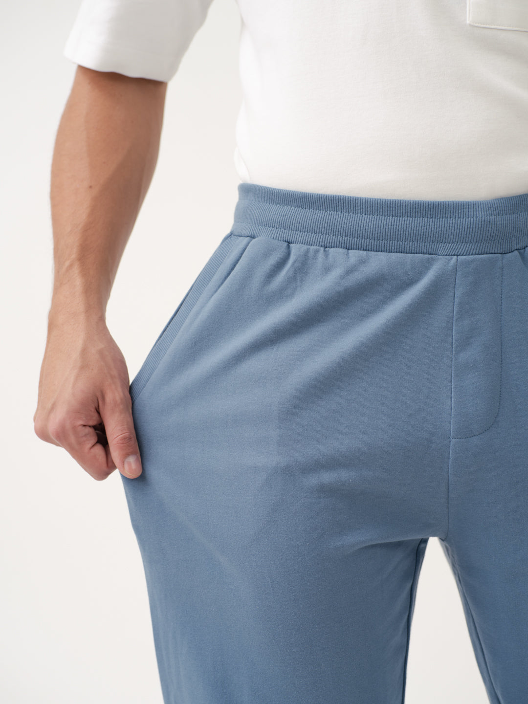 close-up front view of pixel blue sweatpant by pant project showcasing soft texture