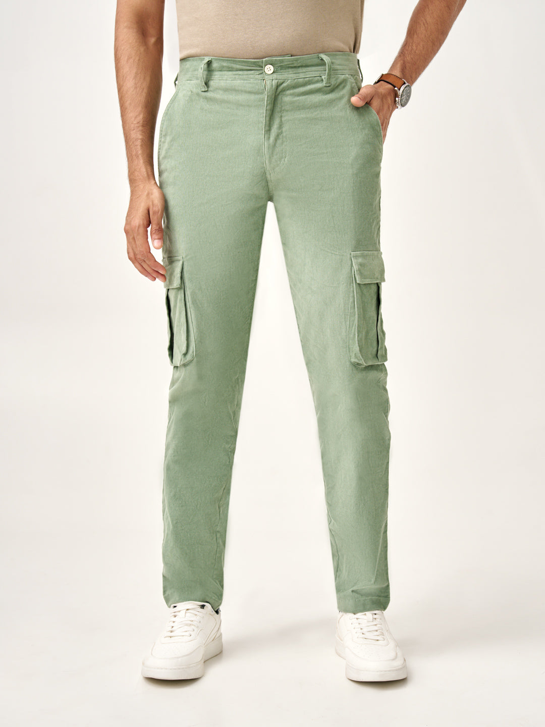 Aloe Green Corduroy Stretch Cargo Pants