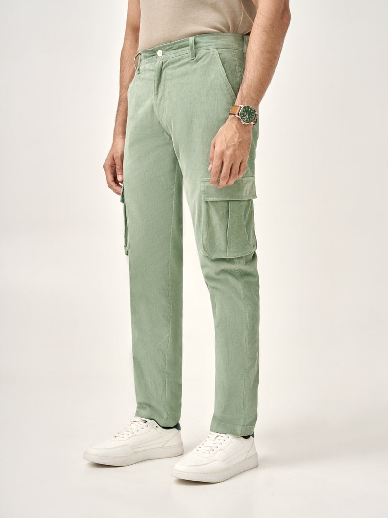 Aloe Green Corduroy Stretch Cargo Pants