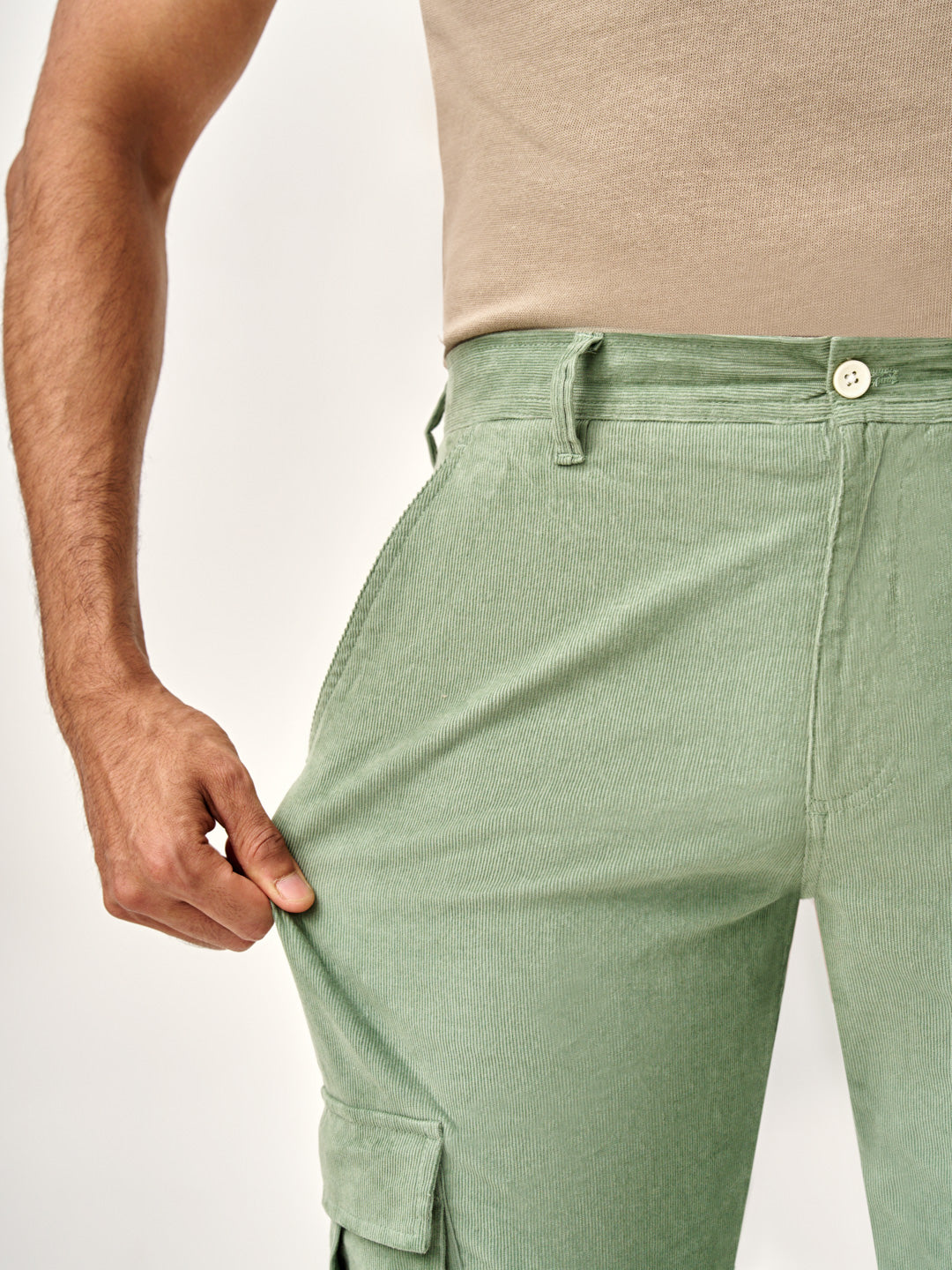 Aloe Green Corduroy Stretch Cargo Pants