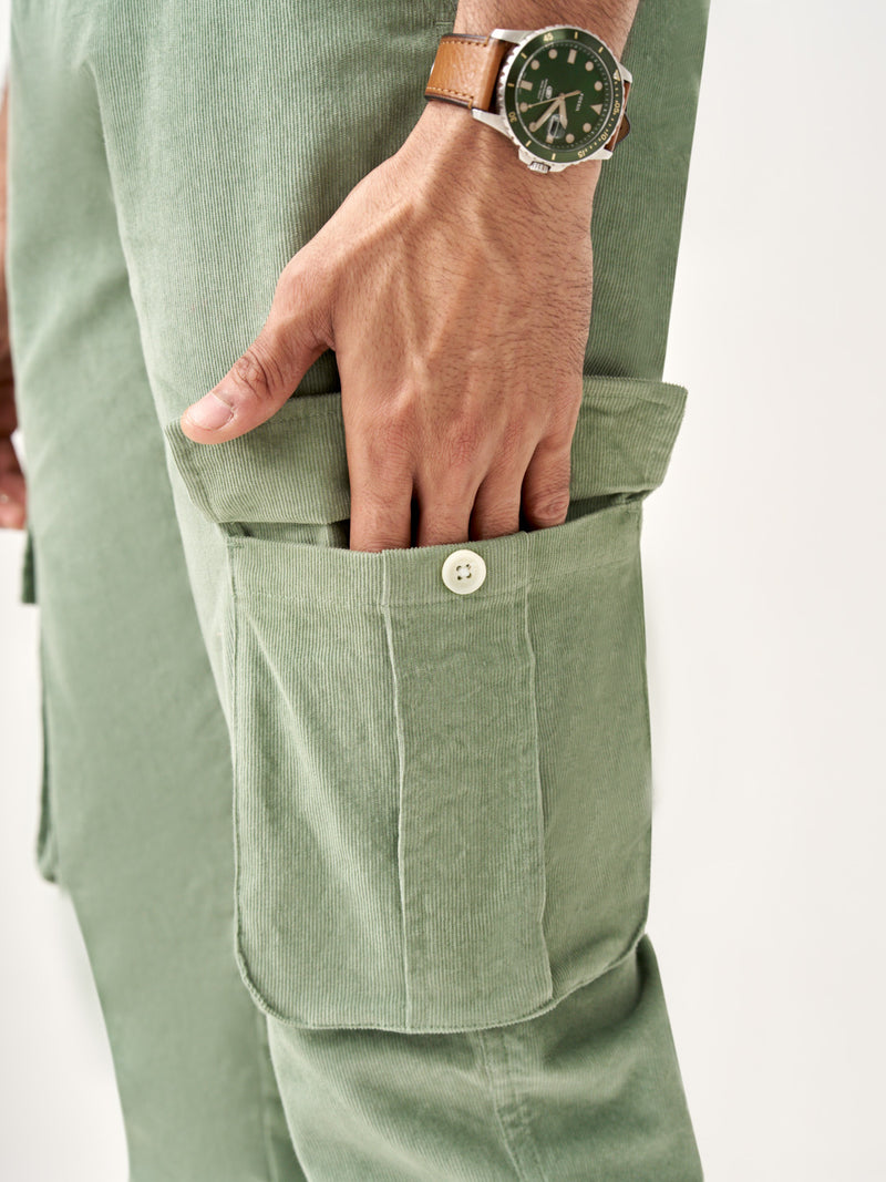 Aloe Green Corduroy Stretch Cargo Pants