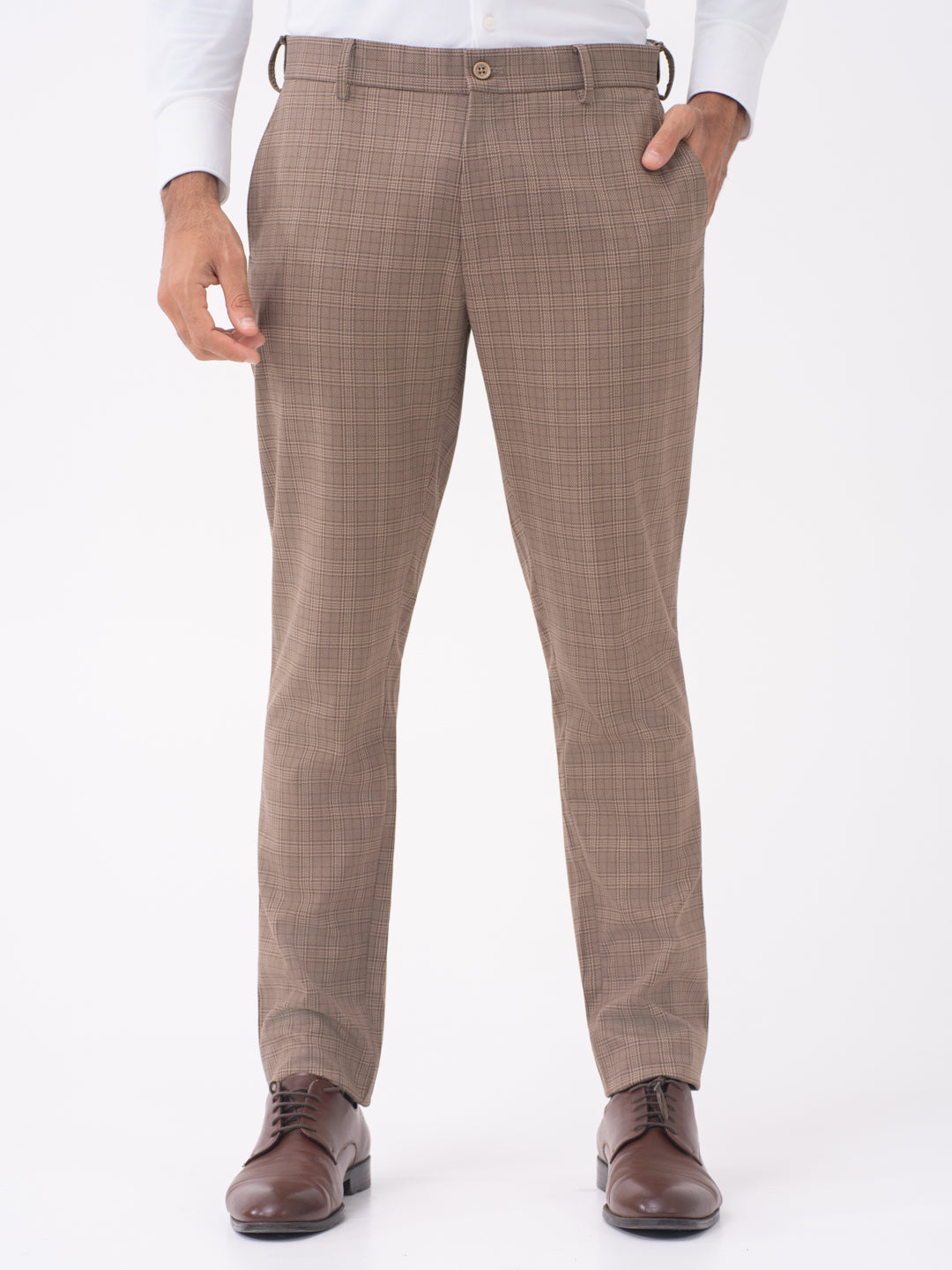 Elk Brown Checks Slim Fit Stretch Formal Pants