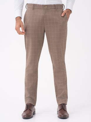 Elk Brown Checks Slim Fit Stretch Formal Pants