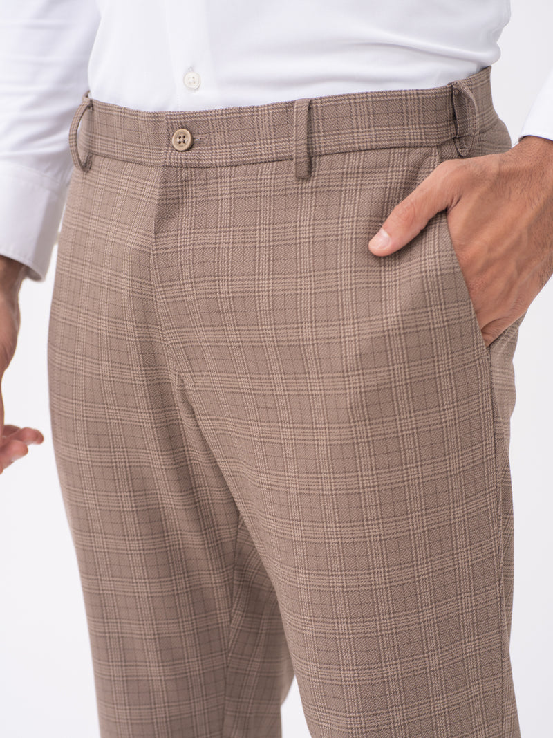 Elk Brown Checks Slim Fit Stretch Formal Pants