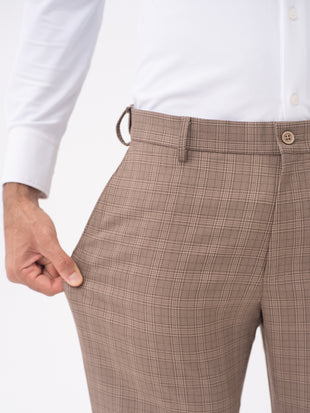 Elk Brown Checks Slim Fit Stretch Formal Pants