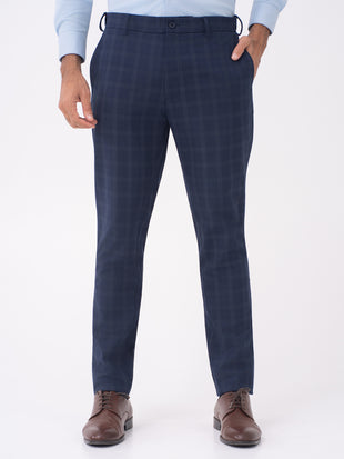 Otter Navy Checks Slim Fit Stretch Formal Pants