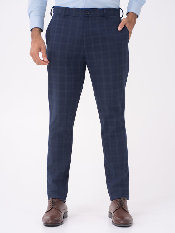 Otter Navy Checks Slim Fit Stretch Formal Pants