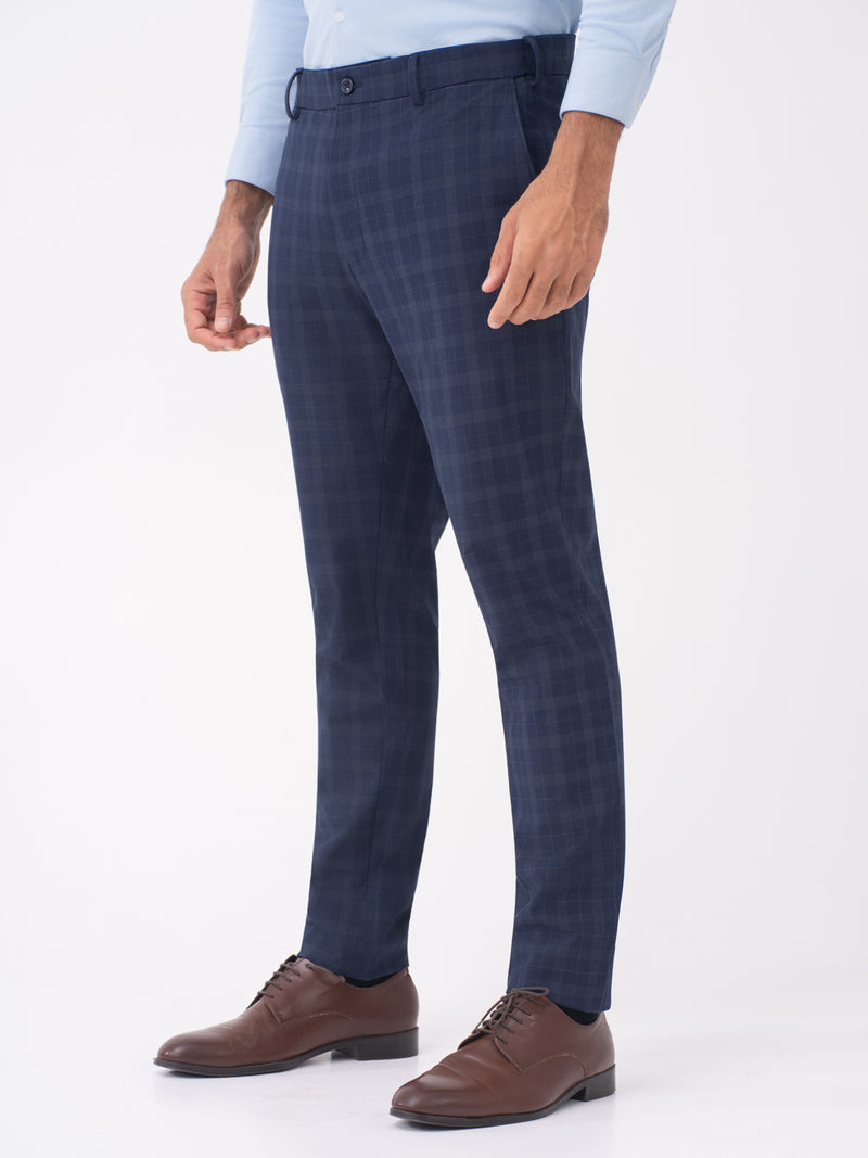 Otter Navy Checks Slim Fit Stretch Formal Pants