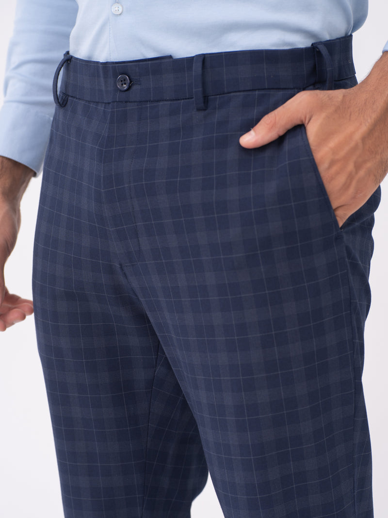 Otter Navy Checks Slim Fit Stretch Formal Pants