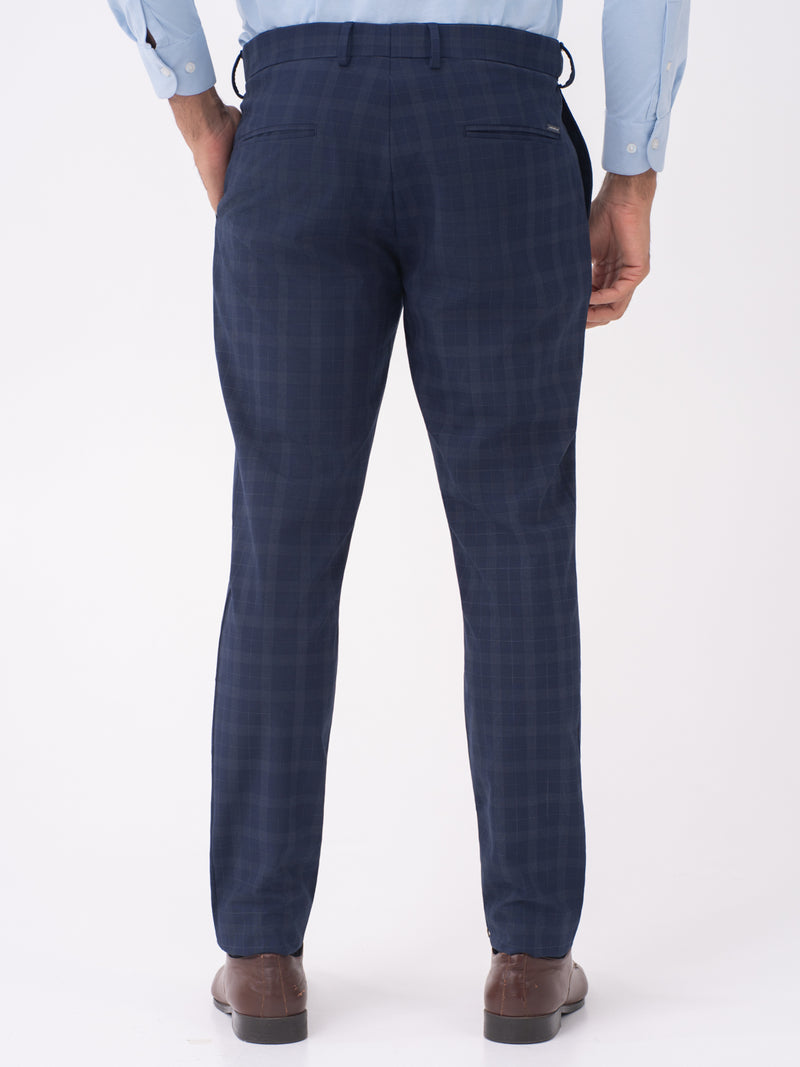 Otter Navy Checks Slim Fit Stretch Formal Pants