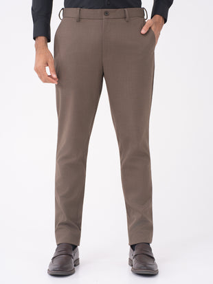 Stag Brown Textured Slim Fit Stretch Formal Pants
