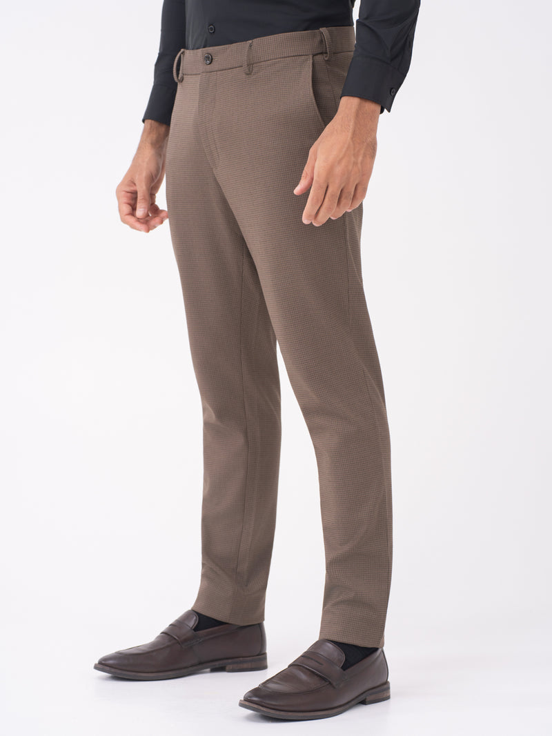 Stag Brown Textured Slim Fit Stretch Formal Pants
