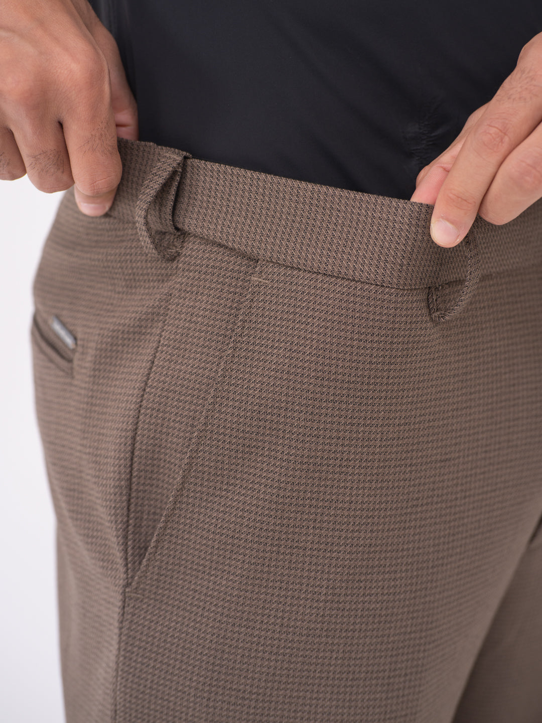 Stag Brown Textured Slim Fit Stretch Formal Pants