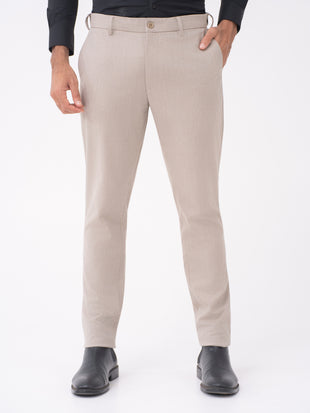 Bison Beige Textured Slim Fit Stretch Formal Pants