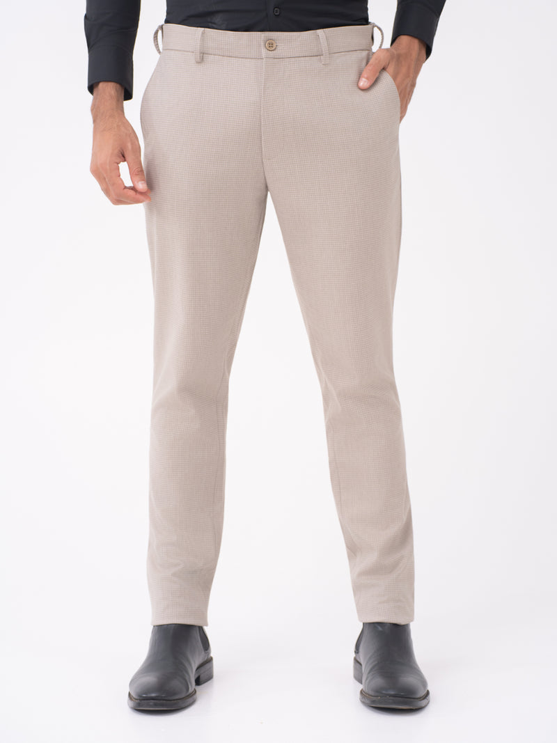 Bison Beige Textured Slim Fit Stretch Formal Pants